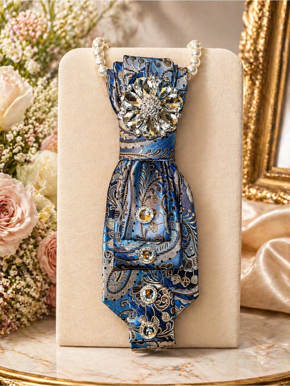 Blue Paisley Brooch Tie Necklace with Crystal Accents